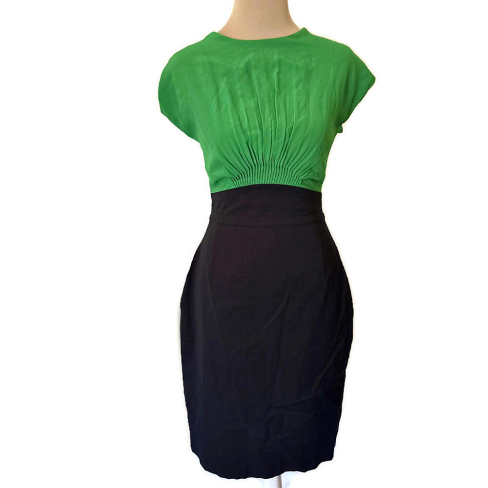 Vintage Escada Silk Pleated Dress Fitted Green Black 38/4